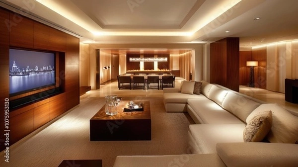 Fototapeta Modern and Elegant Living Room with Stylish Decor, Cozy Sofa Arrangement, Ambient Lighting, and Contemporary Furniture in a Spacious Open Layout