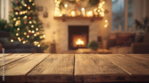 Fototapeta Empty rustic wooden coffee table with a blurred view of a quality.