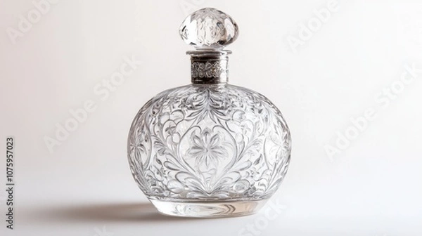 Fototapeta Exquisite Glass Perfume Bottle with Intricate Cuts on White Background