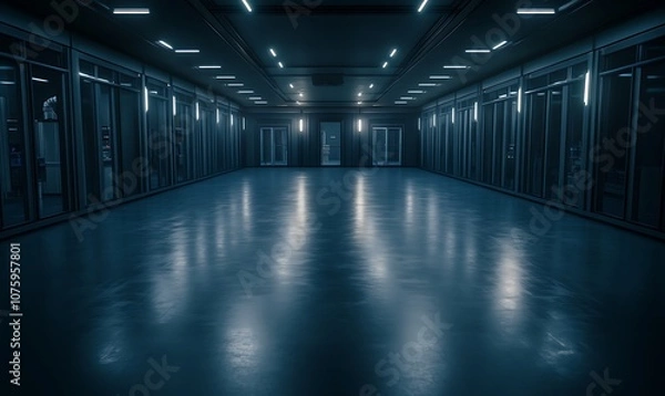 Fototapeta A dimly lit corridor with rows of glass rooms, creating a mysterious and futuristic atmosphere.