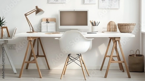 Fototapeta Modern Minimalist Home Office Setup Featuring a White Desk, Stylish Chair, Computer Monitor, and Stylish Decorative Elements