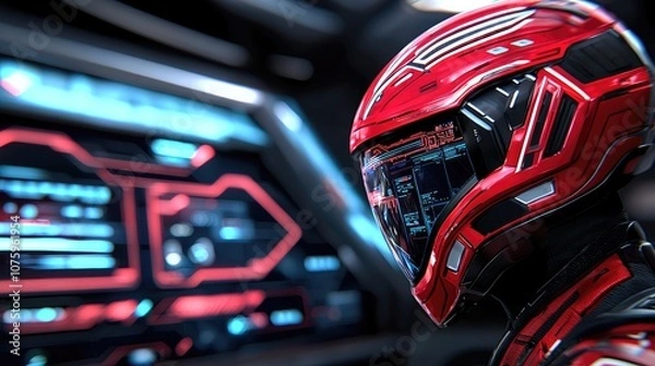 Obraz Futuristic Red Helmet in a High-Tech Environment with Digital Display and Sci-Fi Elements Showcasing Advanced Space Technology and Exploration Concepts