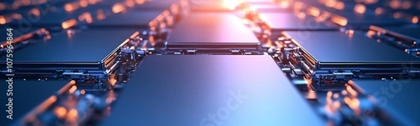 Fototapeta A futuristic array of metallic panels reflecting light, symbolizing advanced technology and innovation in digital systems and computing.