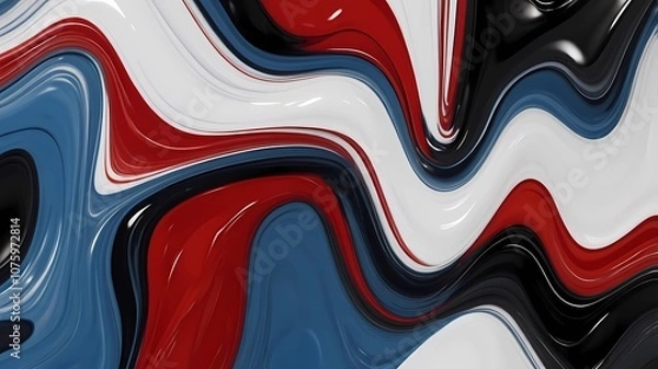 Fototapeta Beautiful abstraction of liquid paints red, blue, white and black in slow blending flow mixing together gently. high quality, 8K Ultra HD, highly detailed