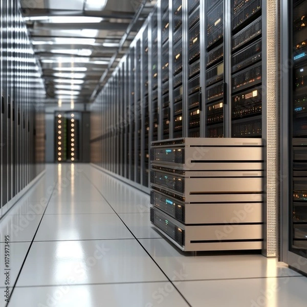 Fototapeta Data fortress: server room houses advanced technology, meticulously to maintain efficient workflows, safeguard critical information, playing crucial role in modern communication infrastructure.