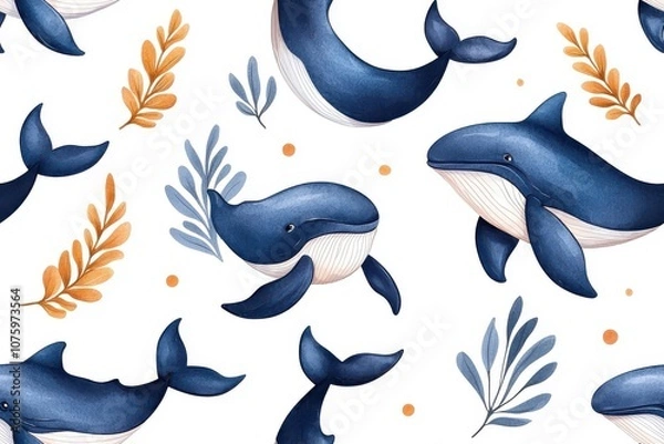 Fototapeta Watercolor seamless pattern of whales, isolate on white background.