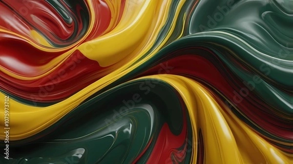 Fototapeta Beautiful abstraction of liquid paints green, red, yellow in slow blending flow mixing together gently. high quality, 8K Ultra HD, highly detailed