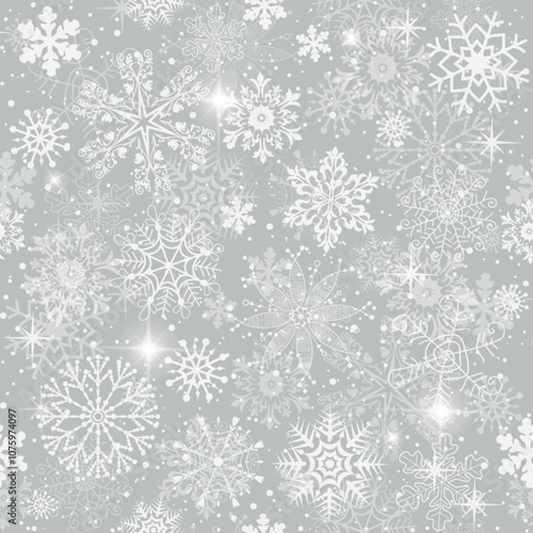 Obraz Vector hand drawn seamless winter pattern with lace doodle snowflakes on a gray background
