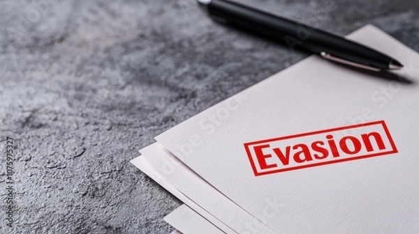 Fototapeta A close-up of a document featuring "Evasion" printed in red, alongside a pen on a textured surface, suggesting themes of concealment or avoidance.