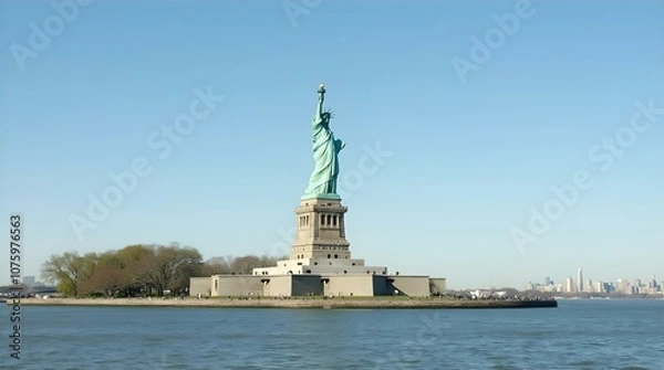 Fototapeta A classic view of the Statue of Liberty on Liberty Island in New York Harbor on a clear, sunny day