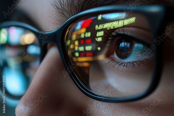 Fototapeta A close up of both eye wearing glasses, reflecting stock trading board.


