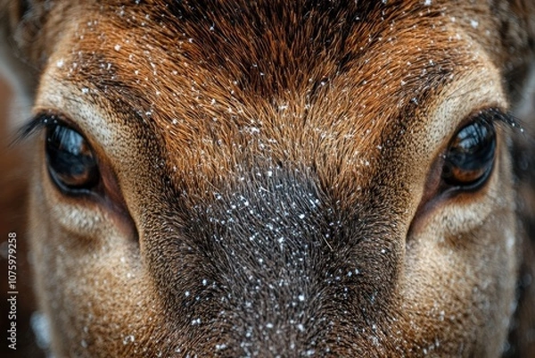 Fototapeta Close-up view of a deer's striking eyes covered in snowflakes.