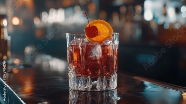 Fototapeta A classic old-fashioned cocktail with a twist of orange and a cherry on top