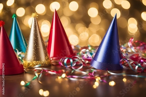 Fototapeta Party hats and noisemakers on a table with soft golden bokeh lights in the background, Ai Generated