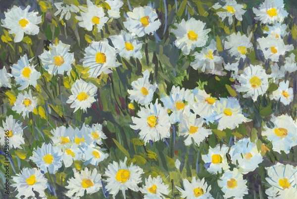 Fototapeta Chamomile meadow gouache painting. Summer white flowers close-up in a meadow. Original author's painting, illustration for notebooks sketchbooks, albums for creativity. Horizontal artistic composition