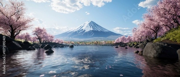 Fototapeta Experience the stunning beauty of mount fuji surrounded by cherry blossoms in a tranquil lake setting