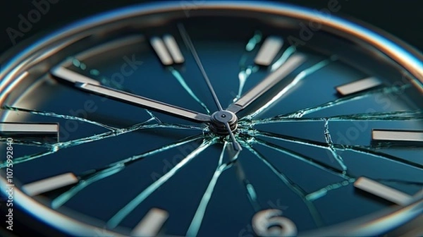 Fototapeta Close-Up of a Broken Watch Face Highlighting Cracked Glass and Timepiece Details in a Dramatic Light Setting for Artistic and Conceptual Use