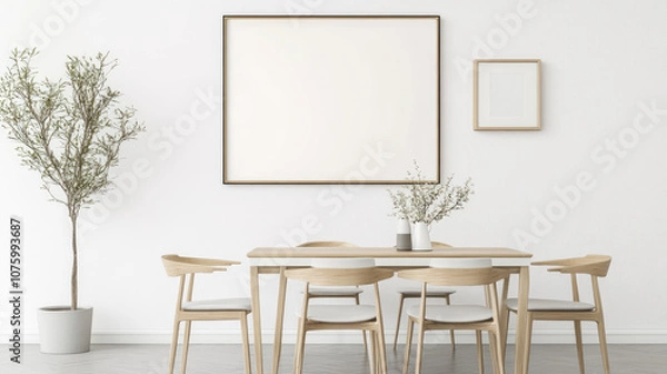 Fototapeta Farmhouse Dining Room Mockup, inviting space featuring rustic decor, wooden furniture, warm tones, and a stylish empty frame on the wall