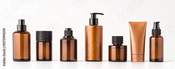 Fototapeta A collection of modern amber glass bottles and jars for cosmetics, skincare, or personal care products, arranged neatly on a light background.
