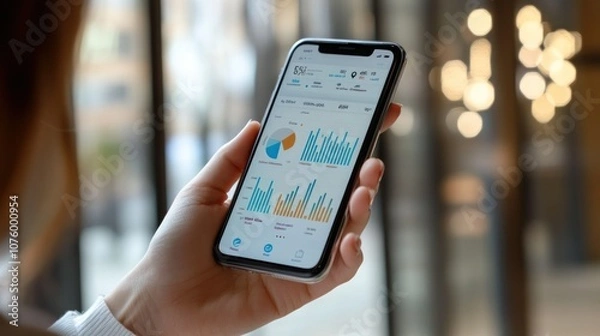 Fototapeta Closeup of a Hand Holding a Smartphone with Data Charts and Graphs Displayed on the Screen