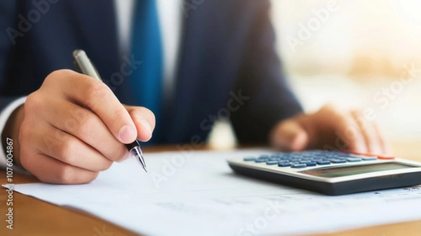 Fototapeta A person writing notes while using a calculator, focused on financial tasks, with a professional appearance and a bright workspace atmosphere.
