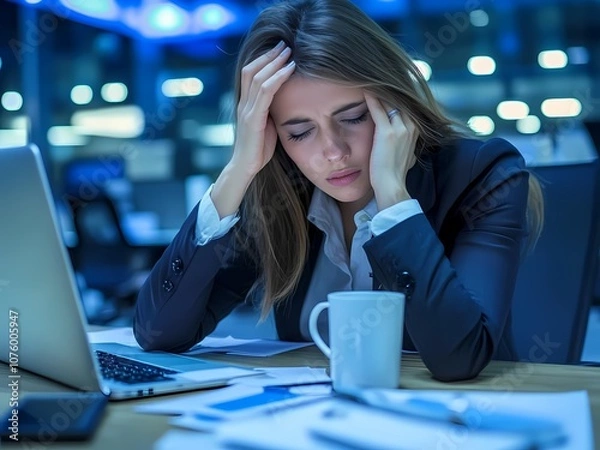 Fototapeta AI-Generated image of A woman is sitting at a desk with a laptop and a cup of coffee. She is looking at the laptop screen and she is in a state of distress