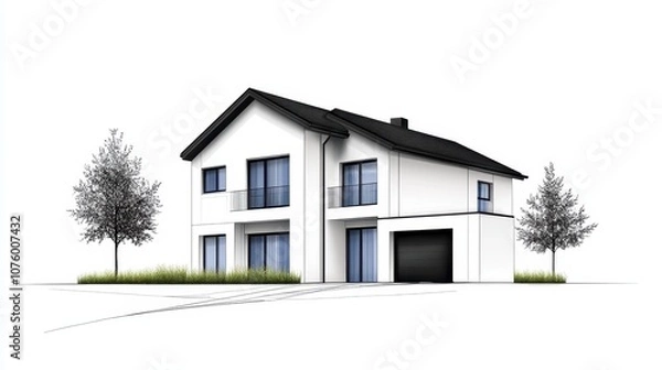 Fototapeta Modern architectural design showcases a sleek two-story house with large windows and minimalist aesthetic