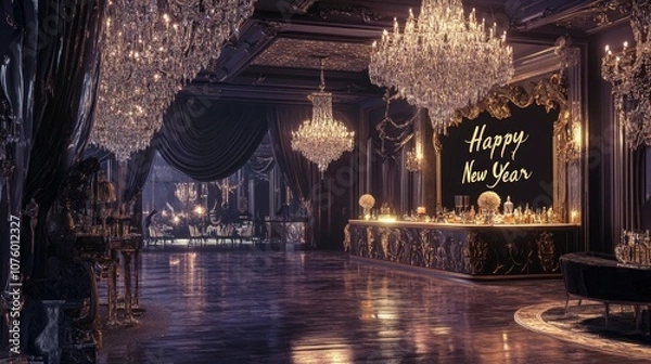 Fototapeta Marking New Year 2025 depicted in sophisticated script on a backdrop of a lavish ballroom adorned with chandeliers and elegant decor, creating a luxurious and festive ambiance.