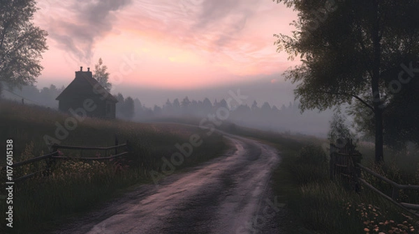 Fototapeta Tranquil Landscape at Dawn with Dusty Pink Hues in a Serene Atmosphere