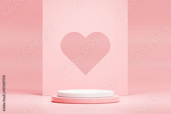Fototapeta Pink and white podium with heart background, showcase product, love, valentine's day, promotion and discount concept. 3d render