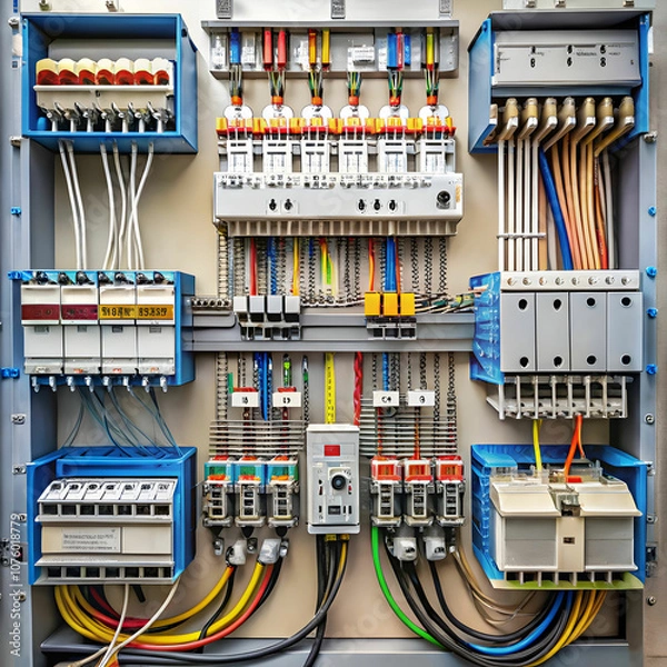 Fototapeta A detailed view of electrical wiring featuring labeled components, providing clear insights into connections, circuits, and system.