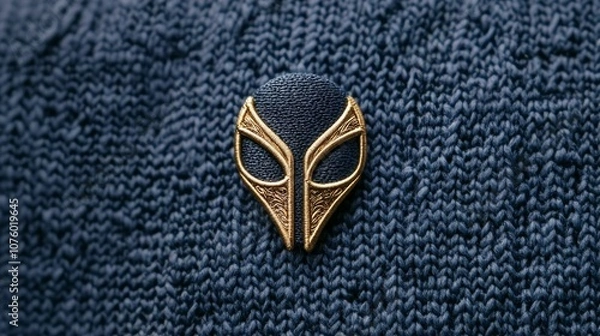 Obraz A gold-colored alien face pin on a blue knit fabric background.