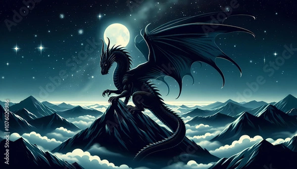 Obraz Starry Night Landscape with black Dragon