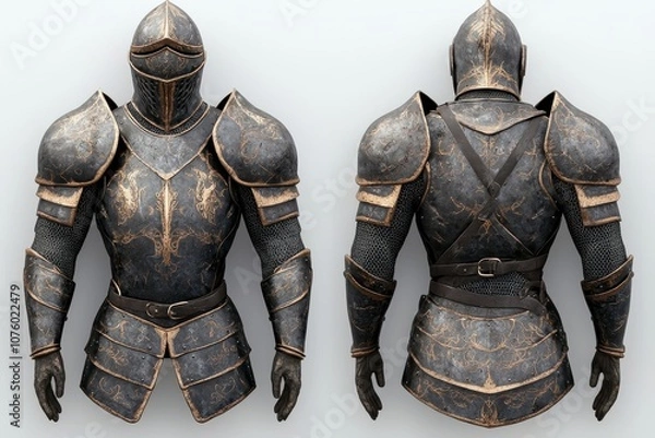 Fototapeta Medieval Knight Armor Front and Back View Gold Accents Chainmail Helmet 3D Render