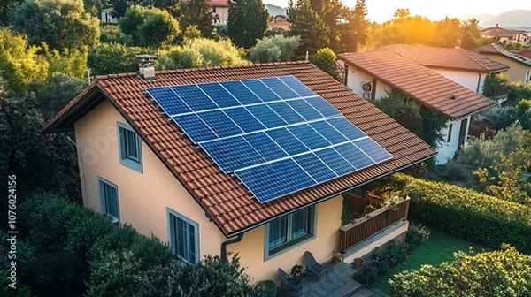 Fototapeta Solar panel system on the roof of an apartment, Solar energy system