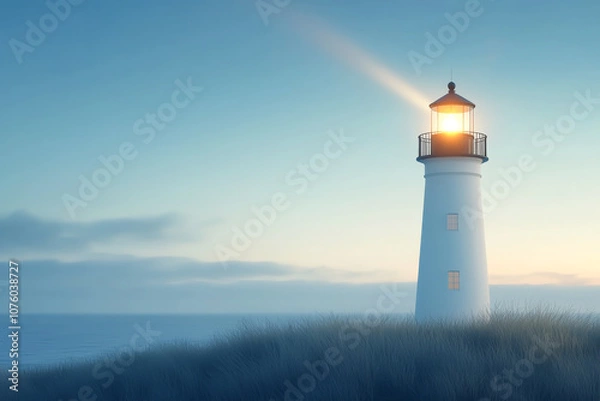 Obraz A serene lighthouse standing tall by the ocean, illuminating the night sky.