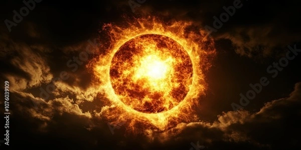 Fototapeta A fiery sun surrounded by dark clouds, depicting a dramatic celestial scene.