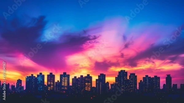 Fototapeta Dramatic Twilight Skyline Silhouette with Vibrant Colors