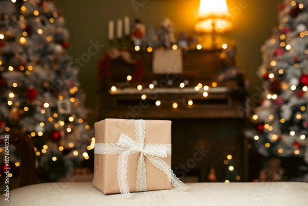 Fototapeta Christmas presents on the backdrop of a festive Christmas tree with festive lights