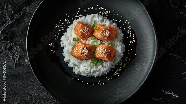 Fototapeta Minimalist Salmon Dish on Rice Presentation