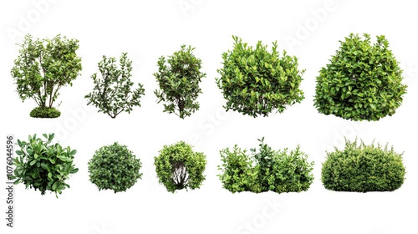 Obraz Various types of lush green bushes, white isolate background.
