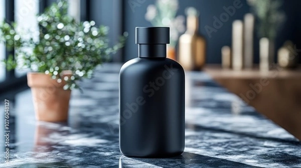 Obraz A sleek black bottle on a marble countertop, suggesting elegance.
