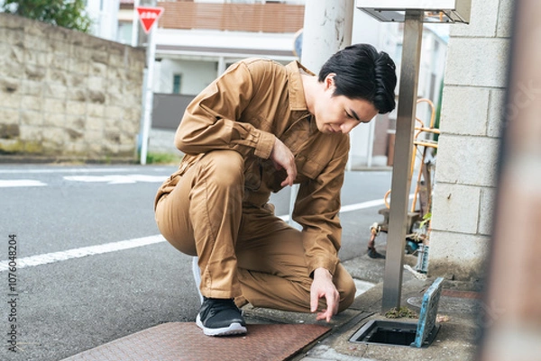 Obraz 水道、メーター、検針、確認、作業員、業者、住宅、量水器、点検、検査、メンテナンス、チェック、保守、建築、工事、料金、特定計量器、計量法、男性、日本人、見る、ケース、ふた、開ける、玄関、家庭、仕事、交換、漏水、委託会社、故障、修理、修繕、水道管、下水、老朽化、使用量、スタッフ、アルバイト、検針員、公共、事業、水道局、ギグワーク、調査、作業、作業服、スポットワーク、スキマバイト、人物