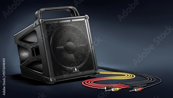 Fototapeta “Illustration of a Concert Stage Monitor Speaker” – A Detailed Depiction of a Stage Monitor Speaker with Visible Grills and Audio Cables, Set on a Dark Background with Copy Space