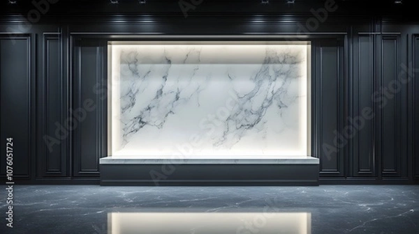 Fototapeta 3. A high-end luxury showcase with a polished marble surface, dramatic lighting, and a clear, empty space for product placement.
