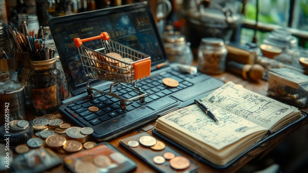 Fototapeta miniature model of a shopping cart lying on a laptop keyboard, next to it lies an open notebook and a pen and a few coins.