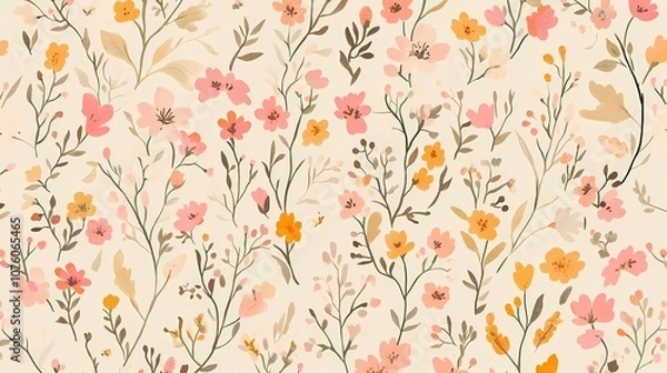 Obraz Pink and orange flowers and leaves pattern illustration poster background