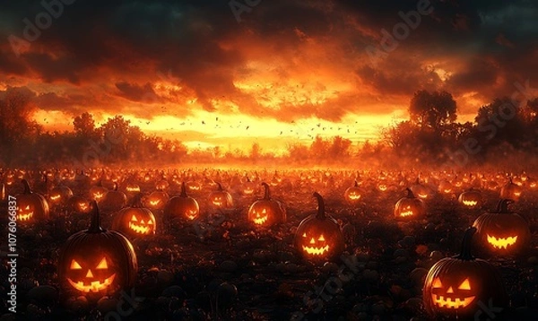 Fototapeta Creepy Pumpkin Patch at Twilight with Rows of Jack-o'-Lanterns Flickering, Surrounded by Shadows, with an Open Area Above for Adding Halloween Titles or Festive Quotes
