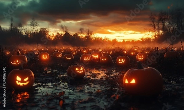 Obraz Creepy Pumpkin Patch at Twilight with Rows of Jack-o'-Lanterns Flickering, Surrounded by Shadows, with an Open Area Above for Adding Halloween Titles or Festive Quotes