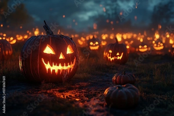 Obraz Creepy Pumpkin Patch at Twilight with Rows of Jack-o'-Lanterns Flickering, Surrounded by Shadows, with an Open Area Above for Adding Halloween Titles or Festive Quotes